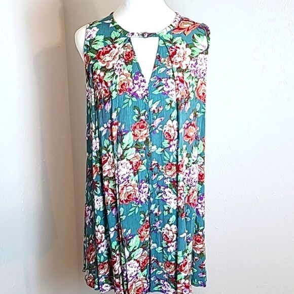 Umgee Mini-Dress Teal Orange/White Flowers, 1 Button Neckline & Loophole, Small - Picture 1 of 9